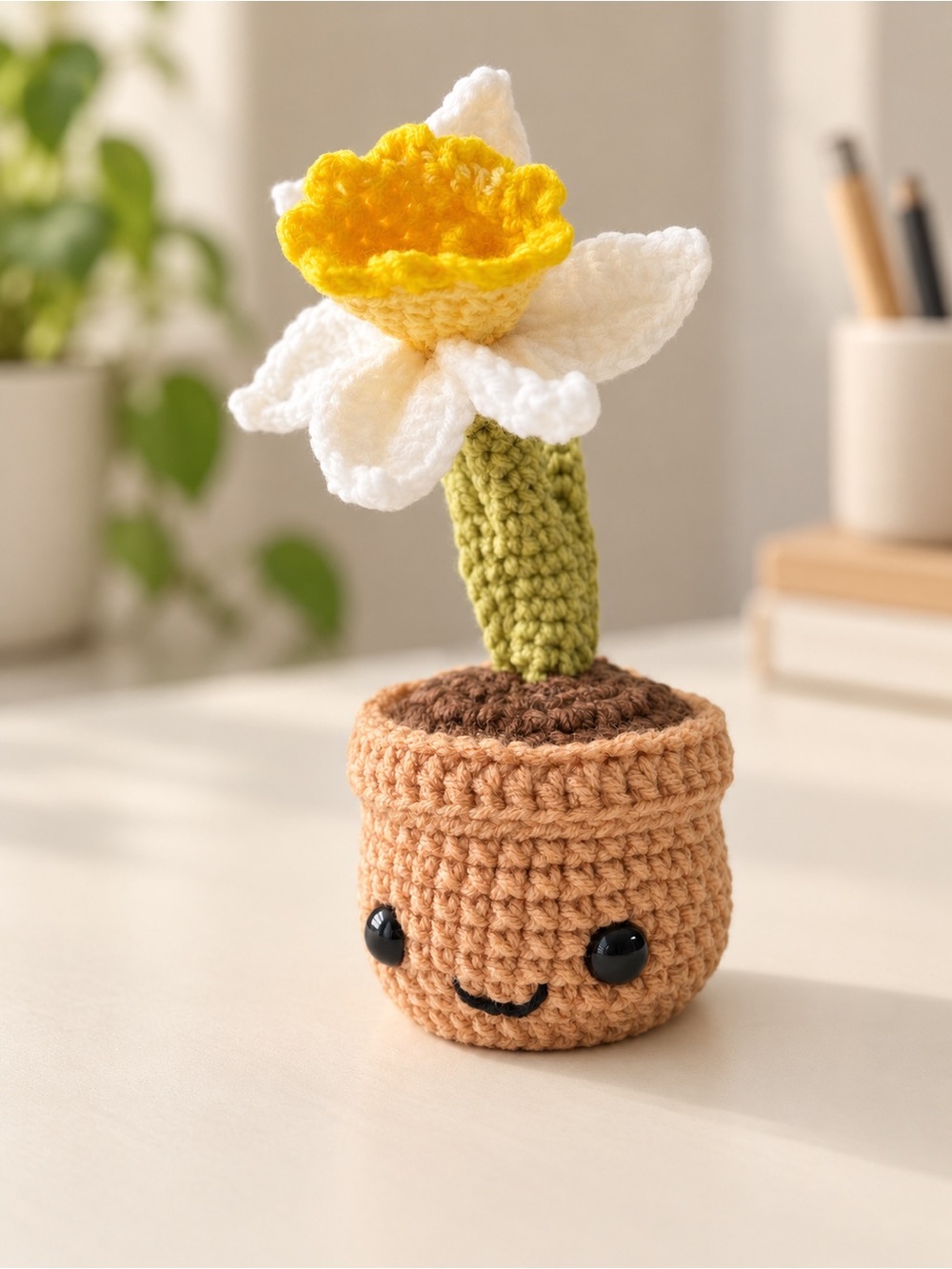 Handmade Crochet Daffodil Narcissus in Pot Desk Decor & Gift